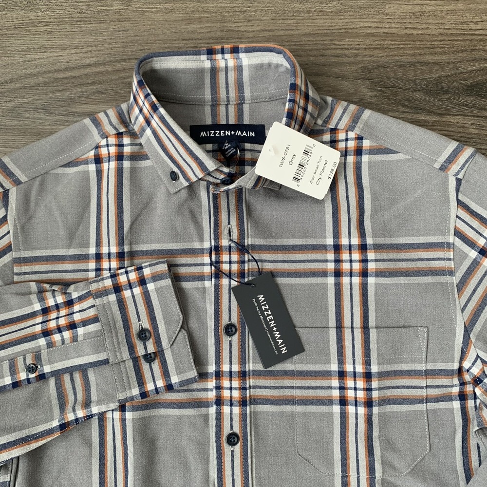 Mizzen Main City Flannel Trim Fit Grey Blue Plaid Shirt Mens size Small $138 NEW - Picture 1 of 7